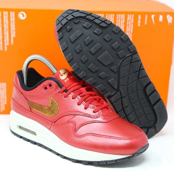 Nike Shoes - Nike Air Max 1 Womens Red Gold Sequin Leather 95